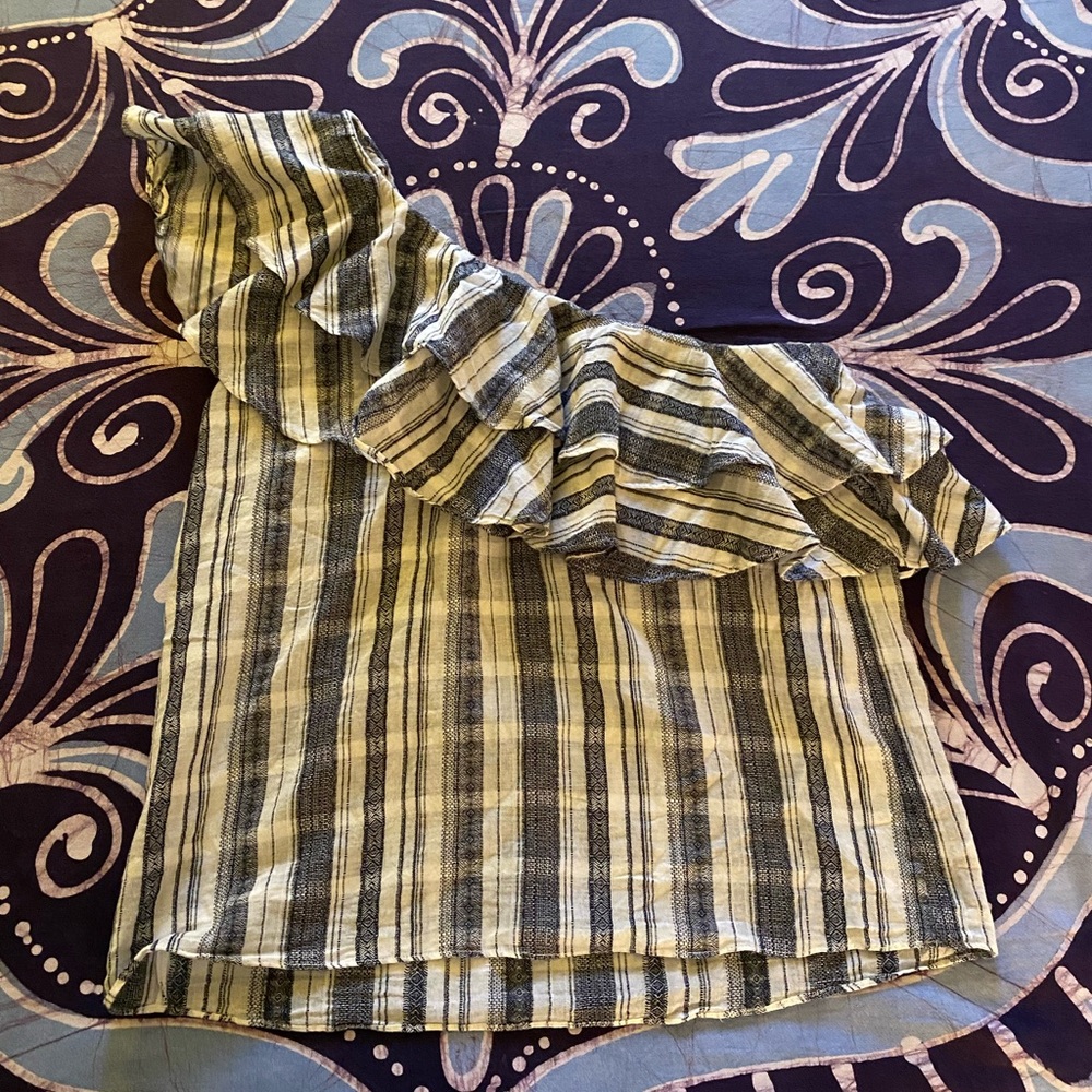 By Together One Shoulder White and Navy Ruffle Top